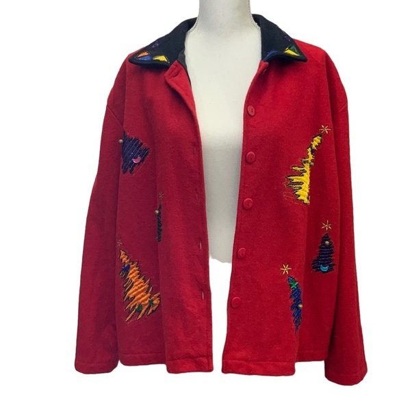 Holiday Take Two Vintage Christmas Jacket Boxy Red Embellished 80’s  Large - Picture 12 of 16